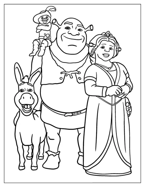 Shrek et Fiona sont entourés de leurs amis.