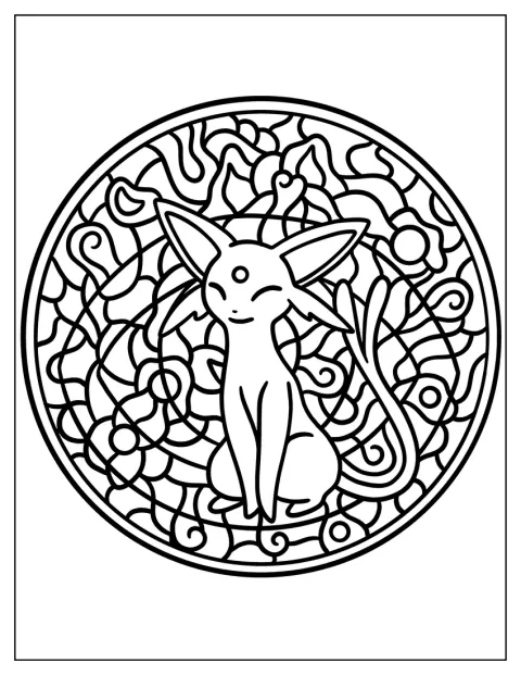 Espeon vormt het middelpunt van een sierlijk mandalapatroon.