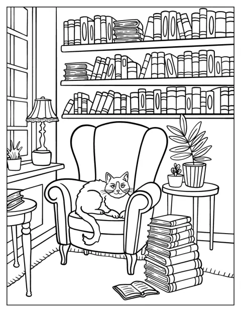 Een kat zit op een stoel tussen boekenkasten, terwijl licht door het raam valt.
