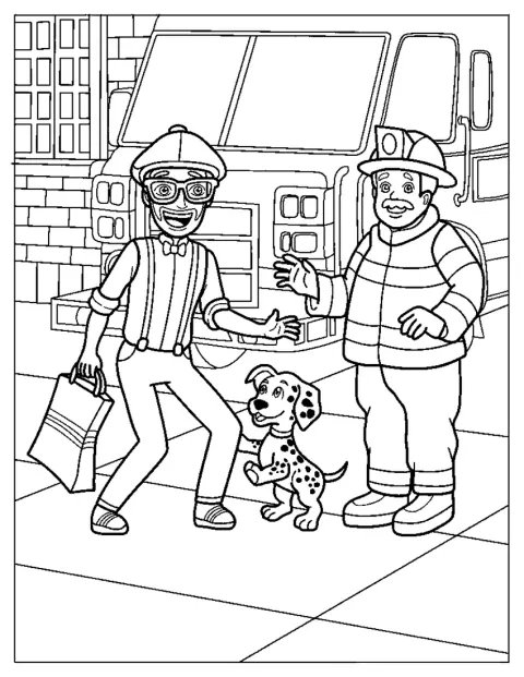 Blippi stoi obok psa i strażaka.