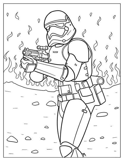 Un Stormtrooper trage cu blasterul, în timp ce flăcările se ridică în fundal.