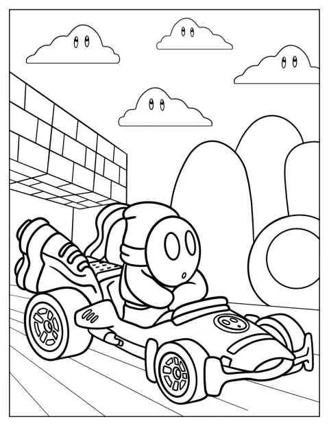 Shy Guy egy Mario Kart-versenypályán száguld.