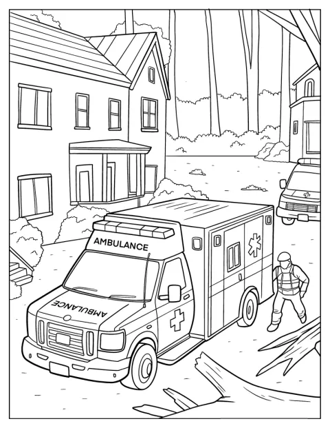 Um paramédico está ao lado de uma ambulância junto a uma casa rural.