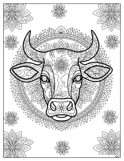 Una cabeza de vaca está rodeada de flores y motivos de mandala.