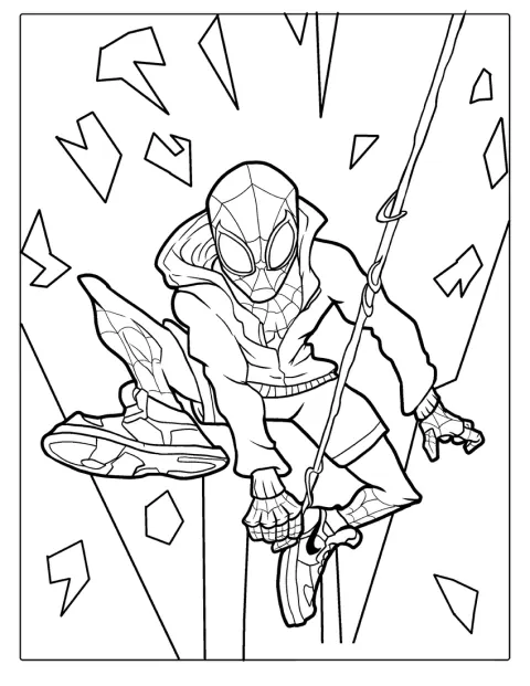 Spider-Man din Spider-Verse țintește cu lansatorul de pânză.