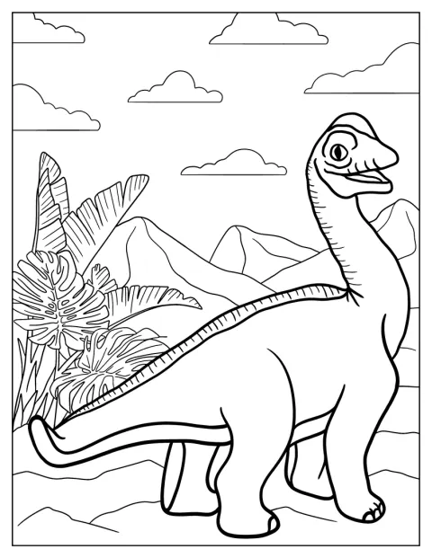 En ung Brachiosaurus står med sin långa hals sträckt uppåt.