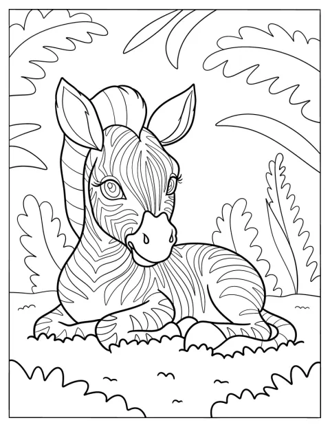 En liten sebra vilar på gräset.