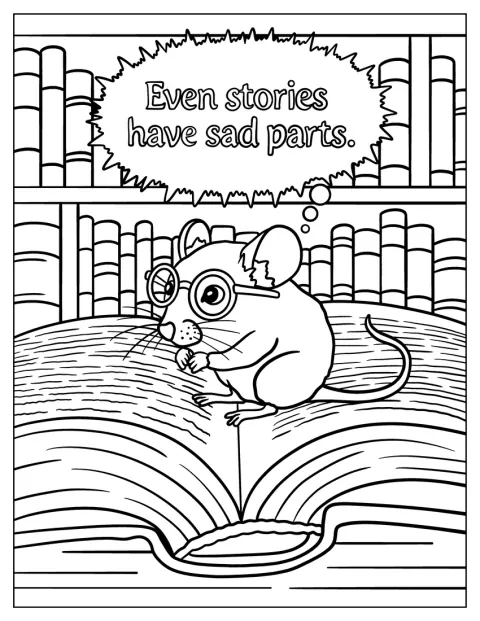 Um rato lê um livro sob a frase que lembra que as histórias também têm partes tristes.