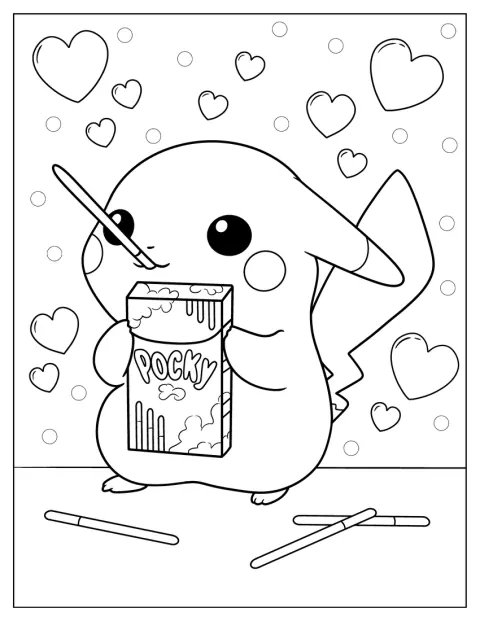 赤ちゃんピカチュウが、ポッキーをおいしそうに食べています。