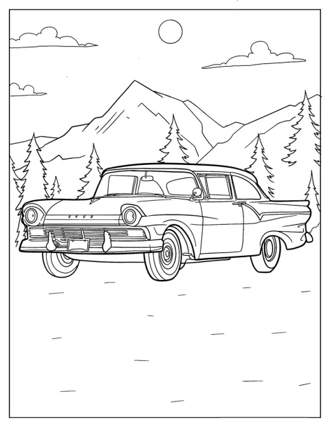 Une Ford Business Sedan de 1957 est garée parmi les arbres de la forêt.