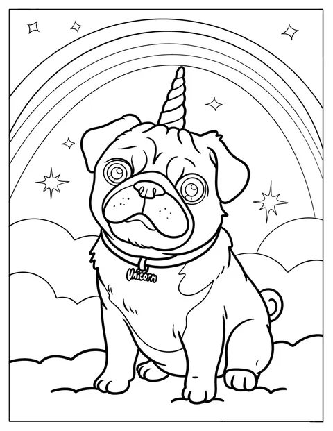 Mops w magicznym rogu jednorożca pozuje na tle tęczy.