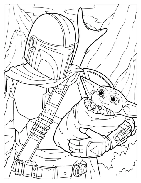 Realistic Mandalorian Coloring Page Cradling Baby Yoda