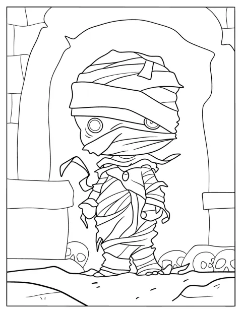 Een kleine chibi-mummie staat vrolijk met haar verband losjes om zich heen.