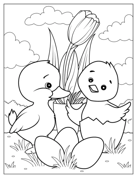 Dois patos aparecem junto a ovos decorados para a Páscoa.