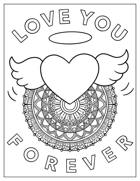 Un cœur ailé accompagne les mots « Love You Forever » dans un mandala.
