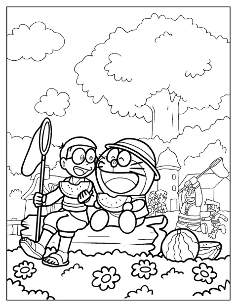 Doraemon, Nobita a jejich přátelé si v létě pochutnávají na melounu.