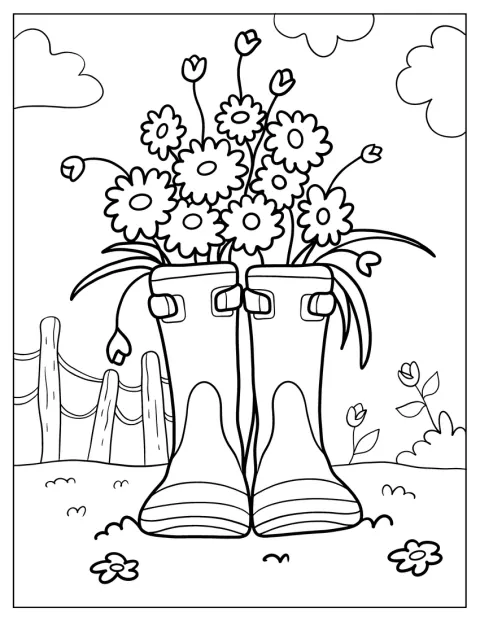 Rainboots Filled With Spring Coloring Page Wildflowers
