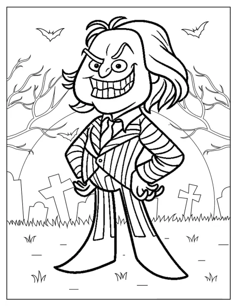 Beetlejuice er tegnet i kawaii-stil med et sødt, tegneserieagtigt udtryk.