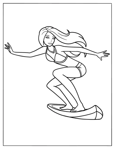 Barbie balanciert auf einem Surfbrett auf dem Meer.