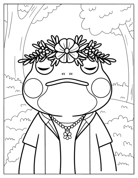 花の冠をかぶったカエルがこちらを見ています。