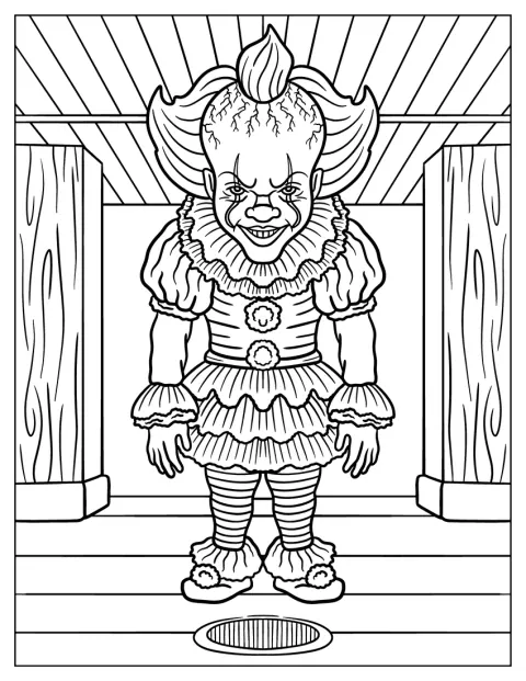 Pennywise je zobrazený v roztomilém stylu chibi, ale působí děsivě.