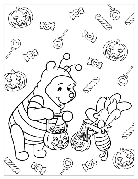 Micimackó és Malacka Halloween-jelmezben ünnepelnek.