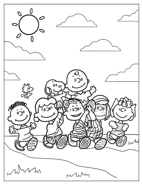 Snoopy está acompañado por los personajes de la pandilla Peanuts.