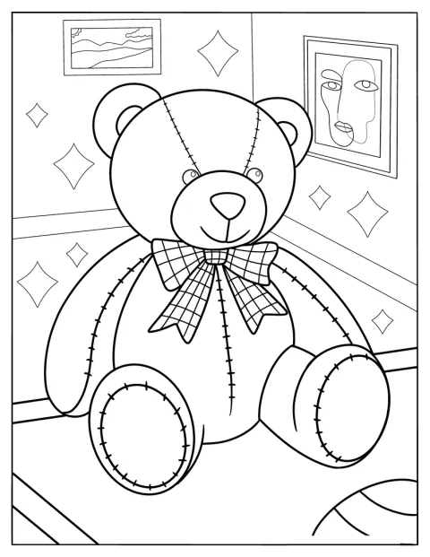 Realistic Teddy Bear Coloring Page On A Table For Kids