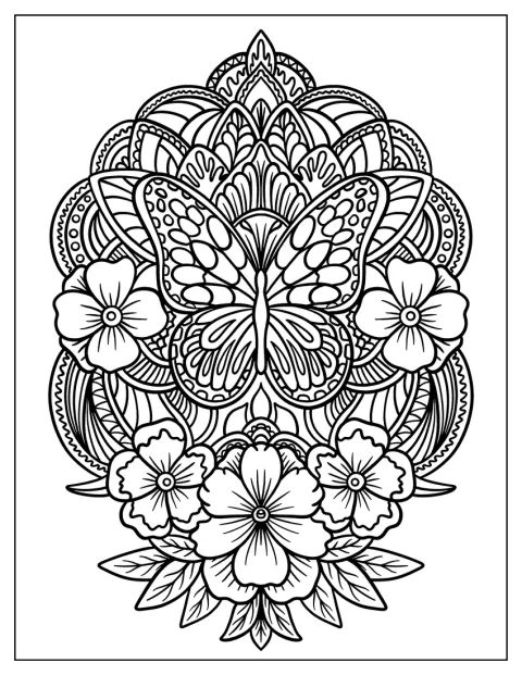 Un élégant papillon forme le centre d’un mandala fleuri.