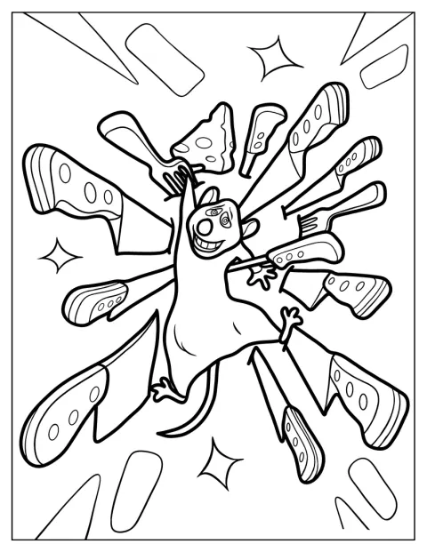 Råttatouille sitter omgiven av köksknivar.