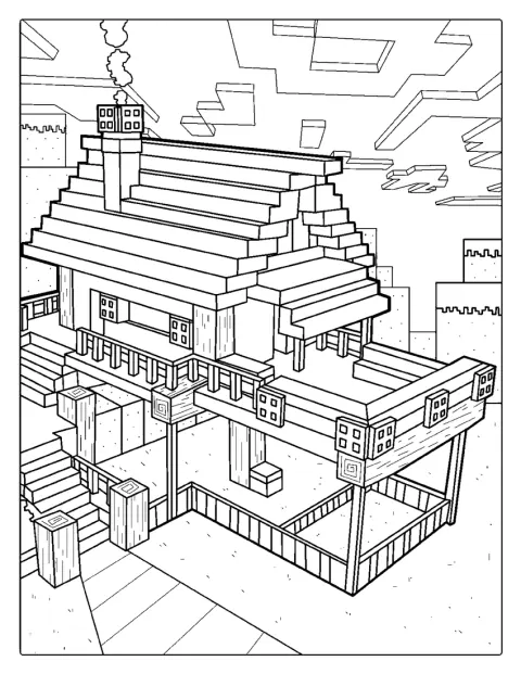 Dřevěná chalupa z Minecraftu stojí v krajině.