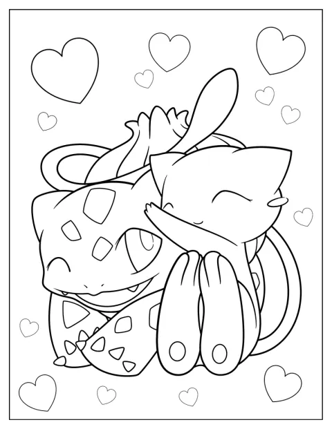 Bulbasaur får et varmt kram af Mew.
