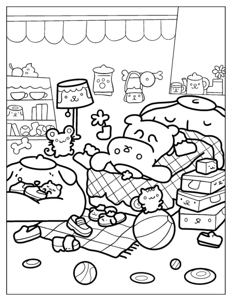 Pompompurin e os amigos dormem juntos num quarto.