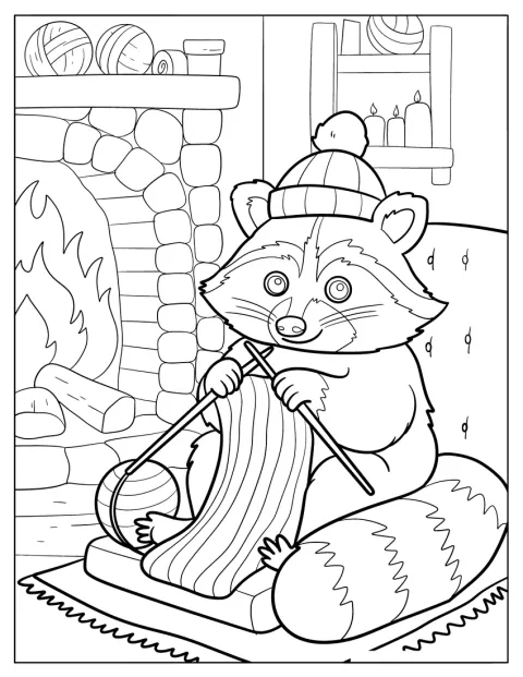 年老いたアライグマが、暖炉のそばで編み物をしています。
