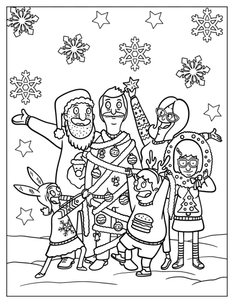 Belcherfamiljen samlas kring julgranskulor och andra juldekorationer.