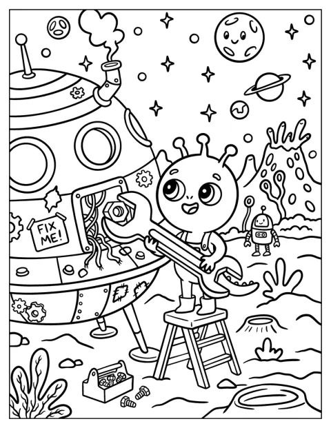 Een jonge alien repareert een ruimteschip in de ruimte.