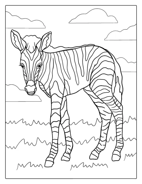 Mała zebra w paski stoi na czterech nogach.