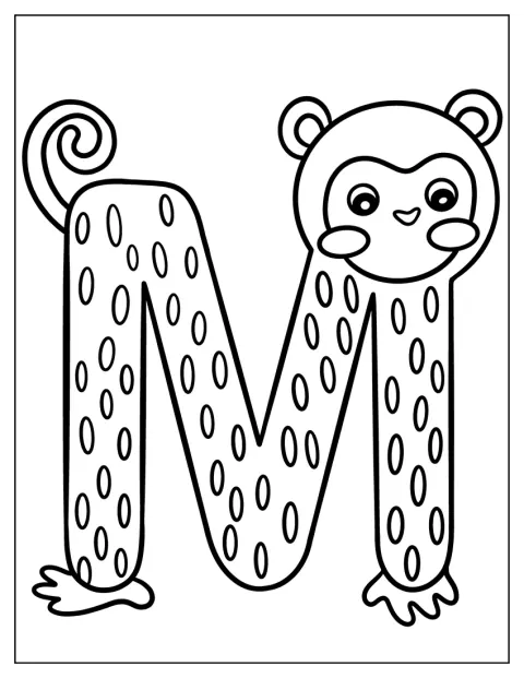 Um macaco kawaii posa junto a uma grande letra M.