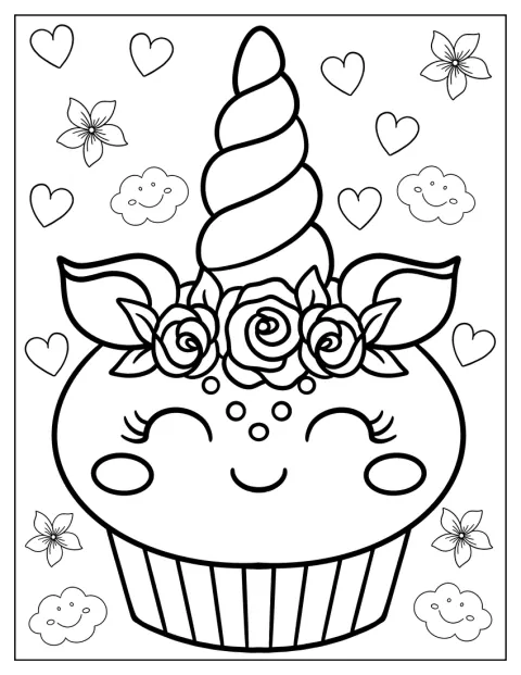 En söt cupcake med en unicorn och blommor står framdukad.