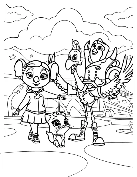 TOTS Coloring Page Of KC, Freddy, Pipson, Mia, And KC