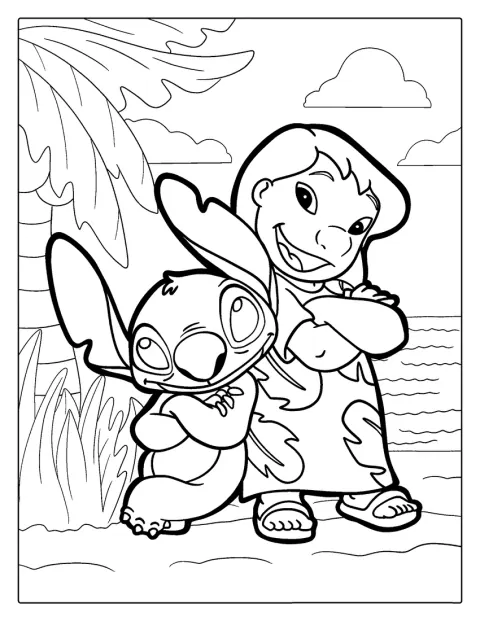 Lilo och Stitch står tillsammans i en enkel, tecknad scen.
