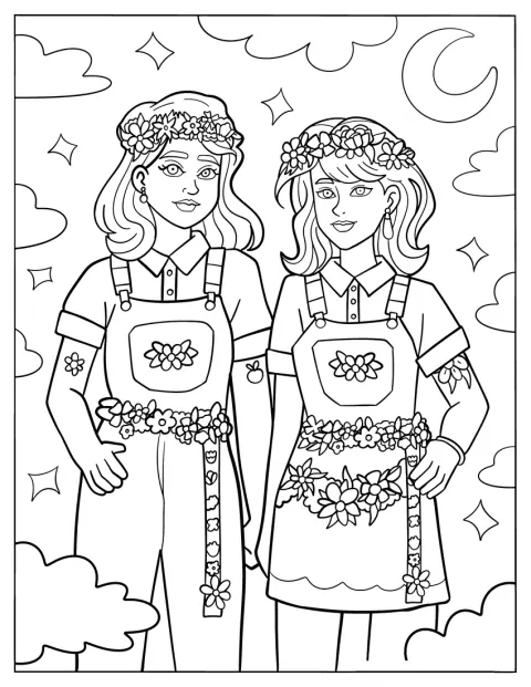 Zwei Mädchen tragen Latzhosen und Blumenkränze im Retro-Stil.