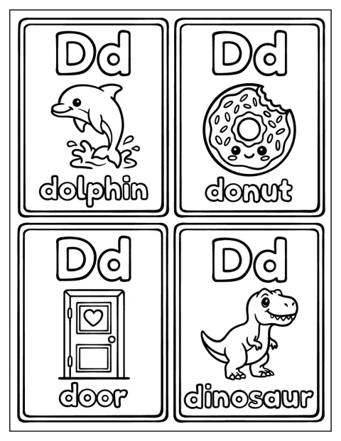 Dinoszaurusz, ajtó, delfin és fánk veszi körül a D betűt.