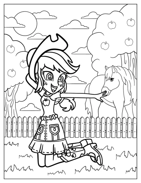Applejack, como chica de Equestria Girls, se arrodilla sobre la hierba.
