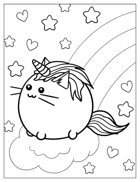 Pusheen, transformată în unicorn, stă pe un curcubeu.