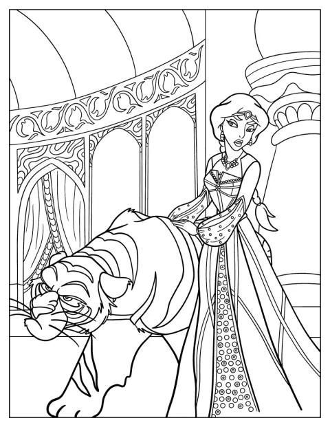 La princesa Jasmine está junto a Rajah en el palacio.