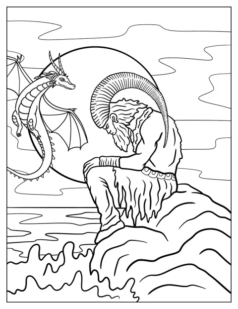 Um monstro com um corno está sentado à beira de uma falésia.