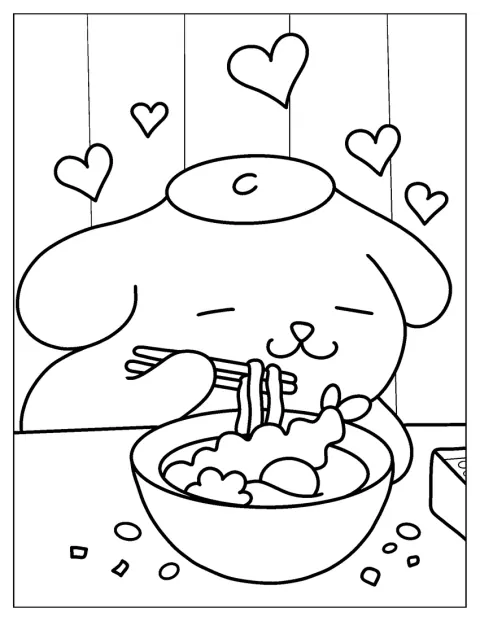 Pompompurin nyder en skål ramen.