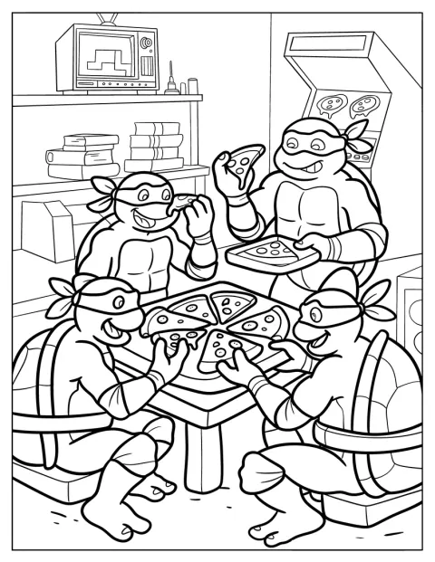 Las Tortugas Ninja disfrutan de unas porciones de pizza juntas.