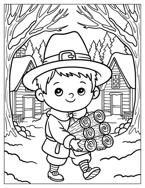 ピルグリムの少年が、割った薪を抱えて歩いています。